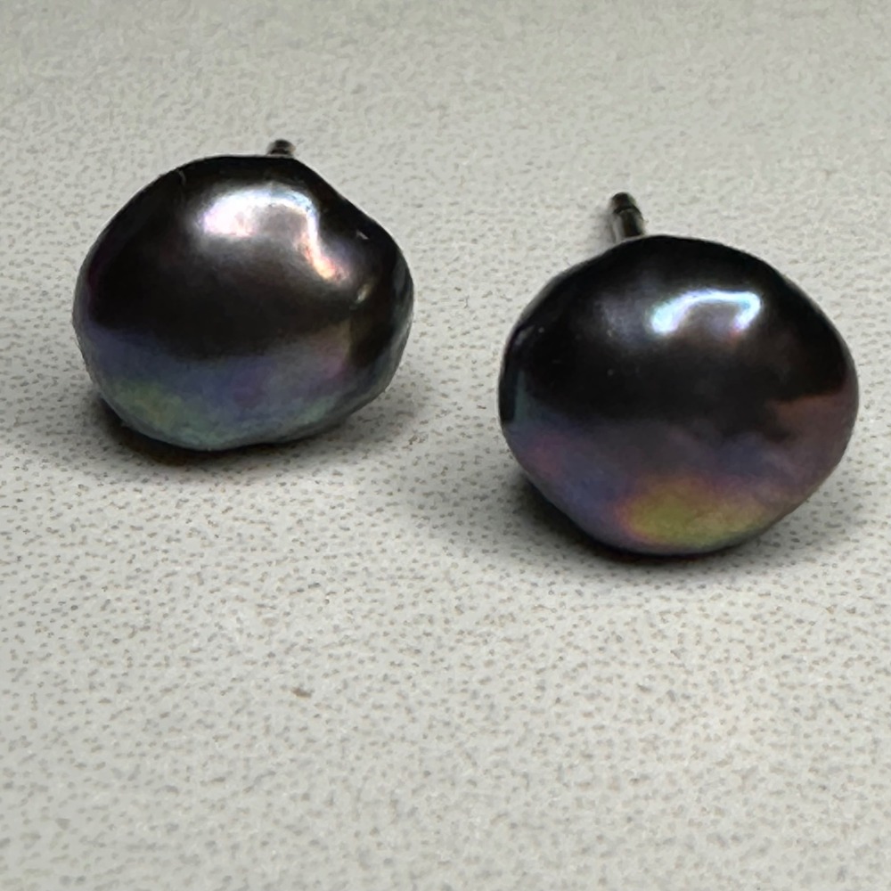 Black Peacock‎ Pearl Stud Earrings Sterling Silver Tahitian Baroque Iridescent